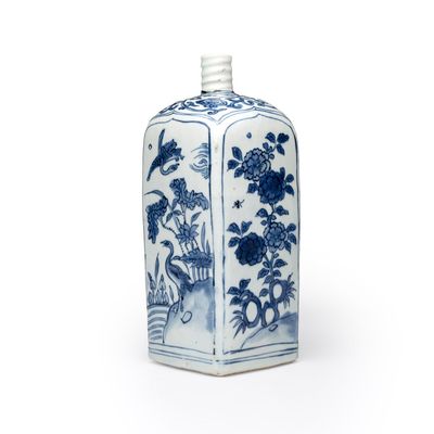 A Chinese blue and white 'Geese and Flowers' square flask, late Ming