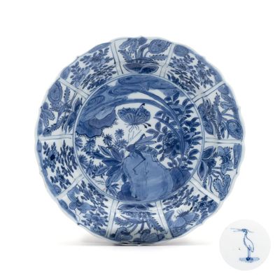 A Chinese blue and white 'Grasshopper and Butterfly' plate, Egret mark, Wanli