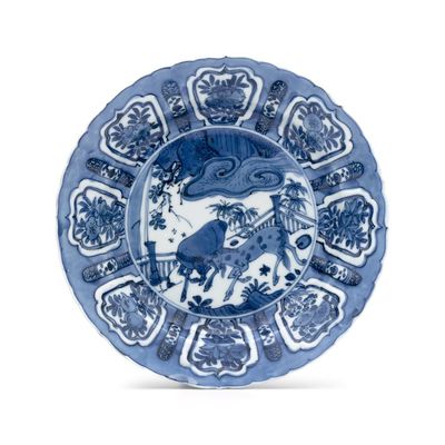 A Chinese blue and white 'Horses' plate, Wanli