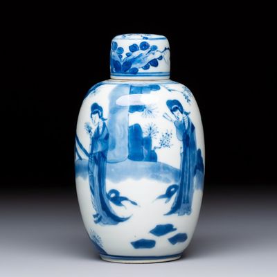 A Chinese blue and white 'Long Eliza' tea caddy and cover, Chenghua mark, Kangxi