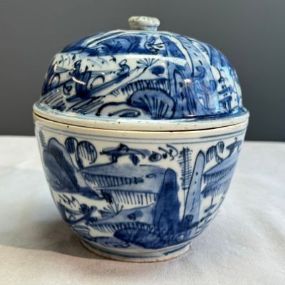 A Chinese blue and white 'Mountainous Riverscape' bowl and cover — photo 1