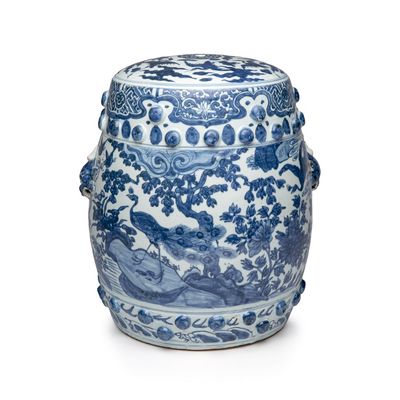 A Chinese blue and white 'Peacocks and Cranes' garden stool, Jiajing
