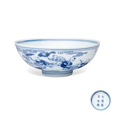 A Chinese blue and white 'Playing Boys' bowl, Yongzheng mark and of the period