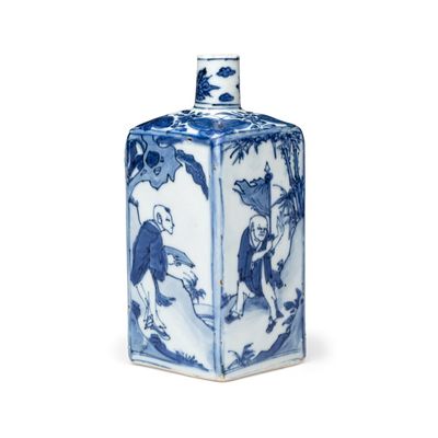 A Chinese blue and white 'Playing Boys' square flask, Ming