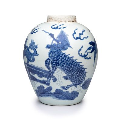 A Chinese blue and white 'Qilin, Phoenix and Magpie' jar, Transitional period