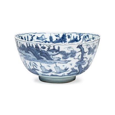 A Chinese blue and white 'Riverscape' bowl, Jiajing/Wanli