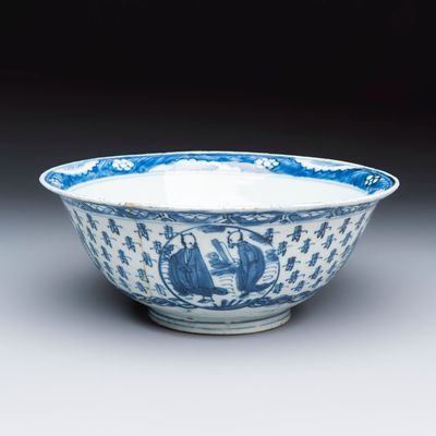A Chinese blue and white 'Shoulao and Eight Immortals' bowl, late Ming
