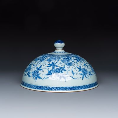 A Chinese blue and white cloche or domed cover with peonies, Qianlong