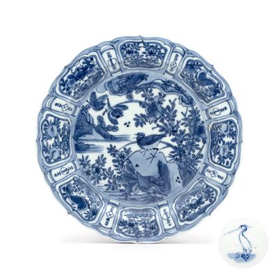 A Chinese blue and white plate with birds in a landscape, Egret mark, Wanli