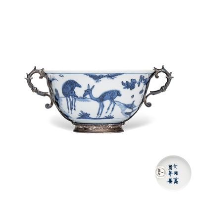 A Chinese blue and white silver-mounted 'Monkeys and Deer' bowl, Wanli mark and of the period