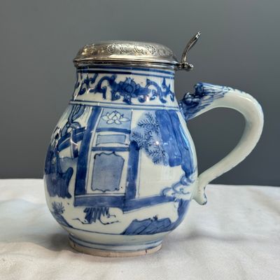 A Chinese blue and white silver-mounted 'Scholars' tankard — photo 1