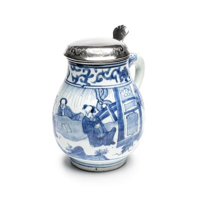 A Chinese blue and white silver-mounted 'Scholars' tankard, Transitional period