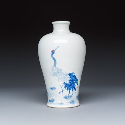 A Chinese blue, white and copper-red 'Crane' vase, Jing De Zhen Zhi 景德鎮製 mark, 20th C.