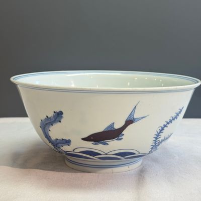 A Chinese blue, white and iron-red 'Fish among Aquatic Plants' bowl — 照片 2