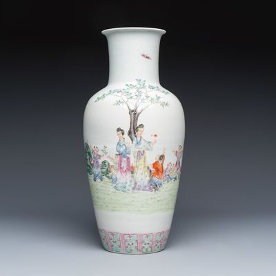 A Chinese famille rose 'Elegant ladies with playing boys' vase, Qianlong mark, Republic