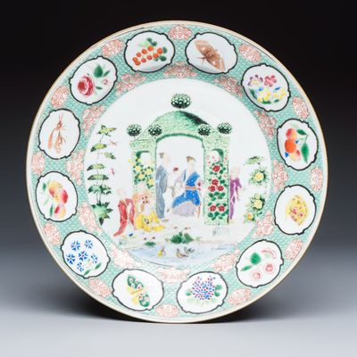 A Chinese famille rose 'arbour' plate after a design by Cornelis Pronk, Qianlong