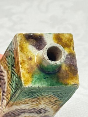 A Chinese famille verte sancai biscuit 'Crab' water pot and a 'Swastika' square bottle on a later wooden stand — photo 8