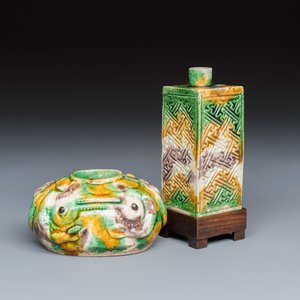 A Chinese famille verte sancai biscuit 'Crab' water pot and a 'Swastika' square bottle on a later wooden stand — photo 1