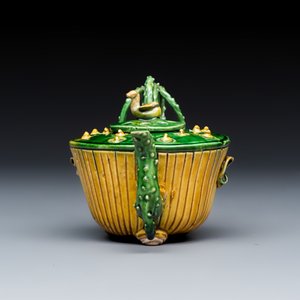 A Chinese famille verte sancai biscuit 'Lotus' teapot on a later wooden stand — photo 5