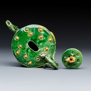 A Chinese famille verte sancai biscuit 'Lotus' teapot on a later wooden stand — photo 6