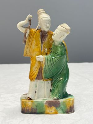 A Chinese famille verte sancai biscuit group of a man embracing a lady — photo 5