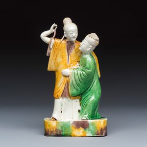 A Chinese famille verte sancai biscuit group of a man embracing a lady — photo 2