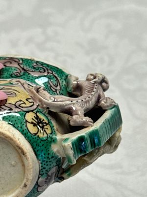A Chinese famille verte sancai biscuit libation cup and a model of a shoe — photo 21