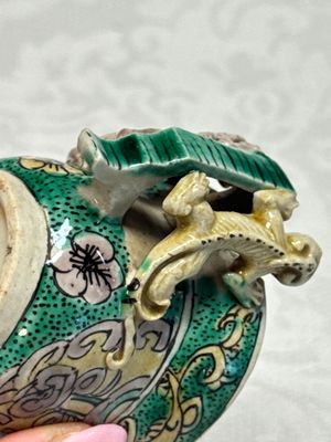A Chinese famille verte sancai biscuit libation cup and a model of a shoe — photo 22