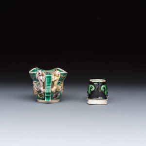 A Chinese famille verte sancai biscuit libation cup and a model of a shoe — photo 3