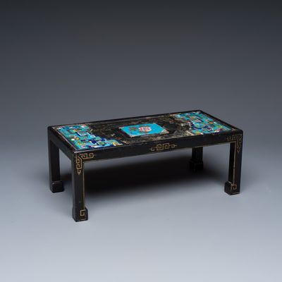 A Chinese miniature lacquer table with cloisonné plaques, 18th C. and later