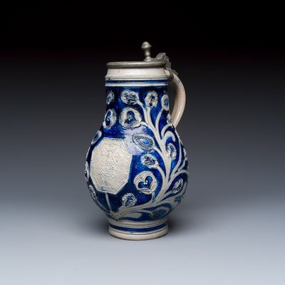 A Westerwald tankard with a mounted pewter lid, Germany, dated 1680