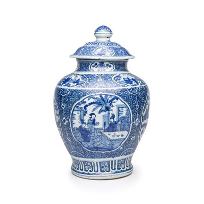 A fine Chinese blue and white vase and cover with narrative design, Wanli