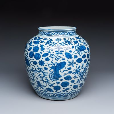 A large Chinese blue and white jar with Buddhist symbols, shells and insects, Jiajing/Wanli