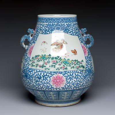 A large Chinese famille rose 'Hu' vase with birds and butterflies, Qianlong mark, 19th C.