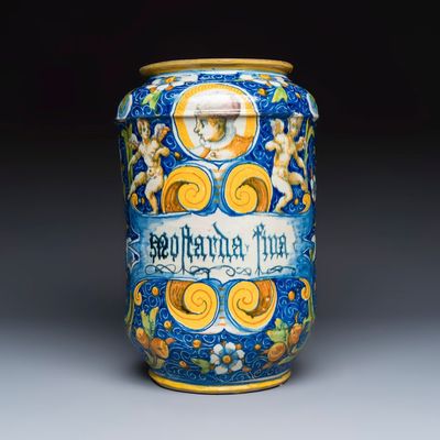 A large polychrome Italian maiolica albarello inscribed 'Mostarda Fina', workshop of Maestro Domenico, Venice, 16th C.