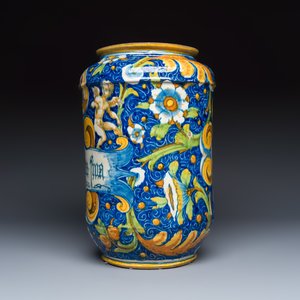 A large polychrome Italian maiolica albarello inscribed 'Mostarda Fina' — photo 2