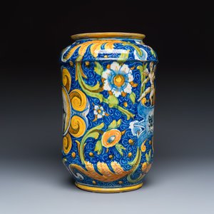 A large polychrome Italian maiolica albarello inscribed 'Mostarda Fina' — photo 4