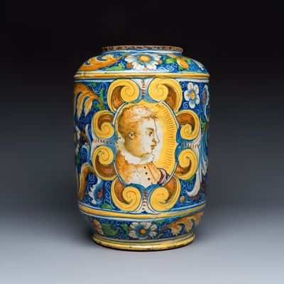 A large polychrome Italian maiolica albarello with portrait medallions, workshop of Maestro Domenico, Venice, 16th C.