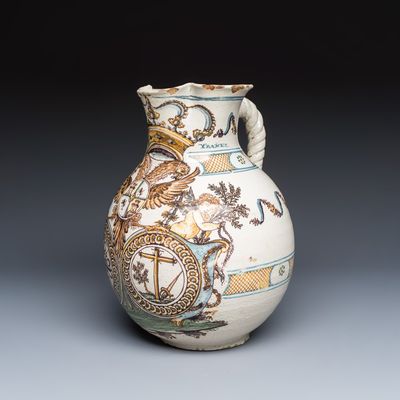 A large polychrome Talavera armorial ewer, Spain, 18th C.