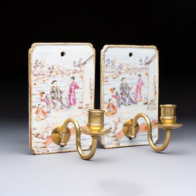 A pair of Chinese Canton famille rose 'Mandarin Subject' wall sconces, Qianlong