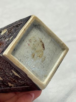 A pair of Chinese aubergine-glazed openworked square brush pots on later wooden stands — photo 11