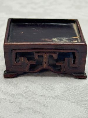 A pair of Chinese aubergine-glazed openworked square brush pots on later wooden stands — photo 14