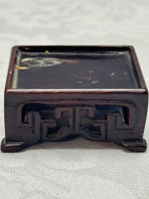 A pair of Chinese aubergine-glazed openworked square brush pots on later wooden stands — photo 16