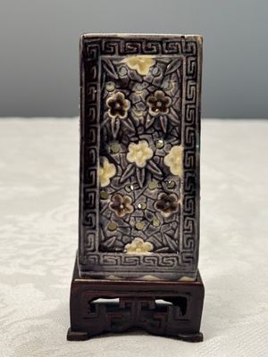 A pair of Chinese aubergine-glazed openworked square brush pots on later wooden stands — photo 20