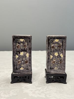 A pair of Chinese aubergine-glazed openworked square brush pots on later wooden stands — photo 2