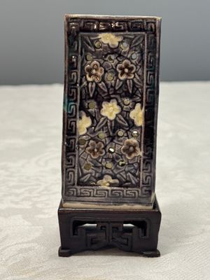 A pair of Chinese aubergine-glazed openworked square brush pots on later wooden stands — photo 21