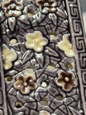 A pair of Chinese aubergine-glazed openworked square brush pots on later wooden stands — photo 24