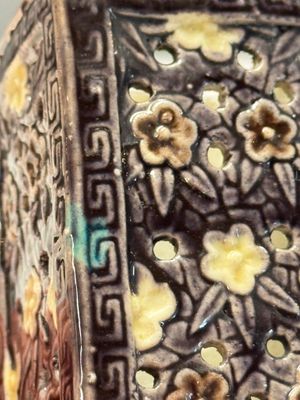 A pair of Chinese aubergine-glazed openworked square brush pots on later wooden stands — photo 25