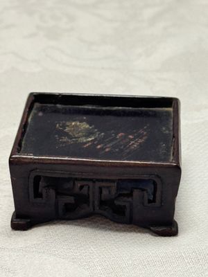A pair of Chinese aubergine-glazed openworked square brush pots on later wooden stands — photo 32