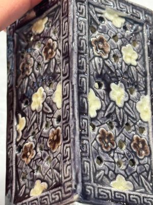 A pair of Chinese aubergine-glazed openworked square brush pots on later wooden stands — photo 7